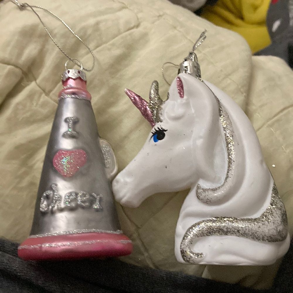 I Love Cheer and Unicorn Christmas Holiday Glittery Ornaments